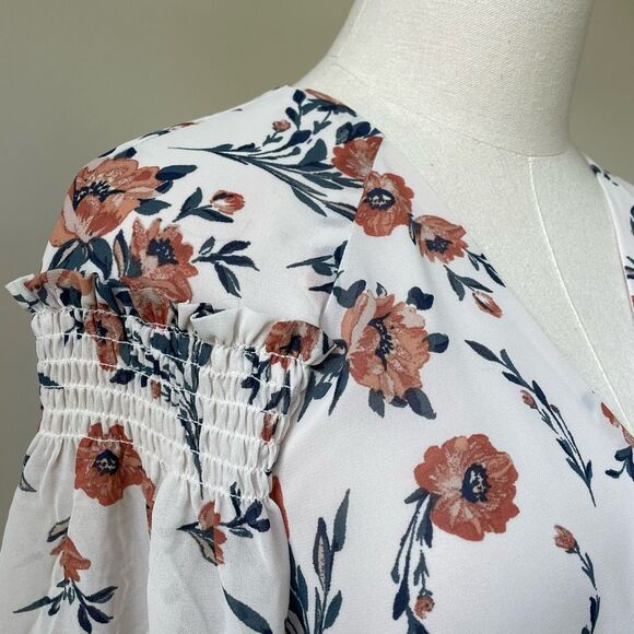 June & Hudson Bell Sleeve Crossfront Peplum Blouse Floral Chiffon M - Picture 5 of 9
